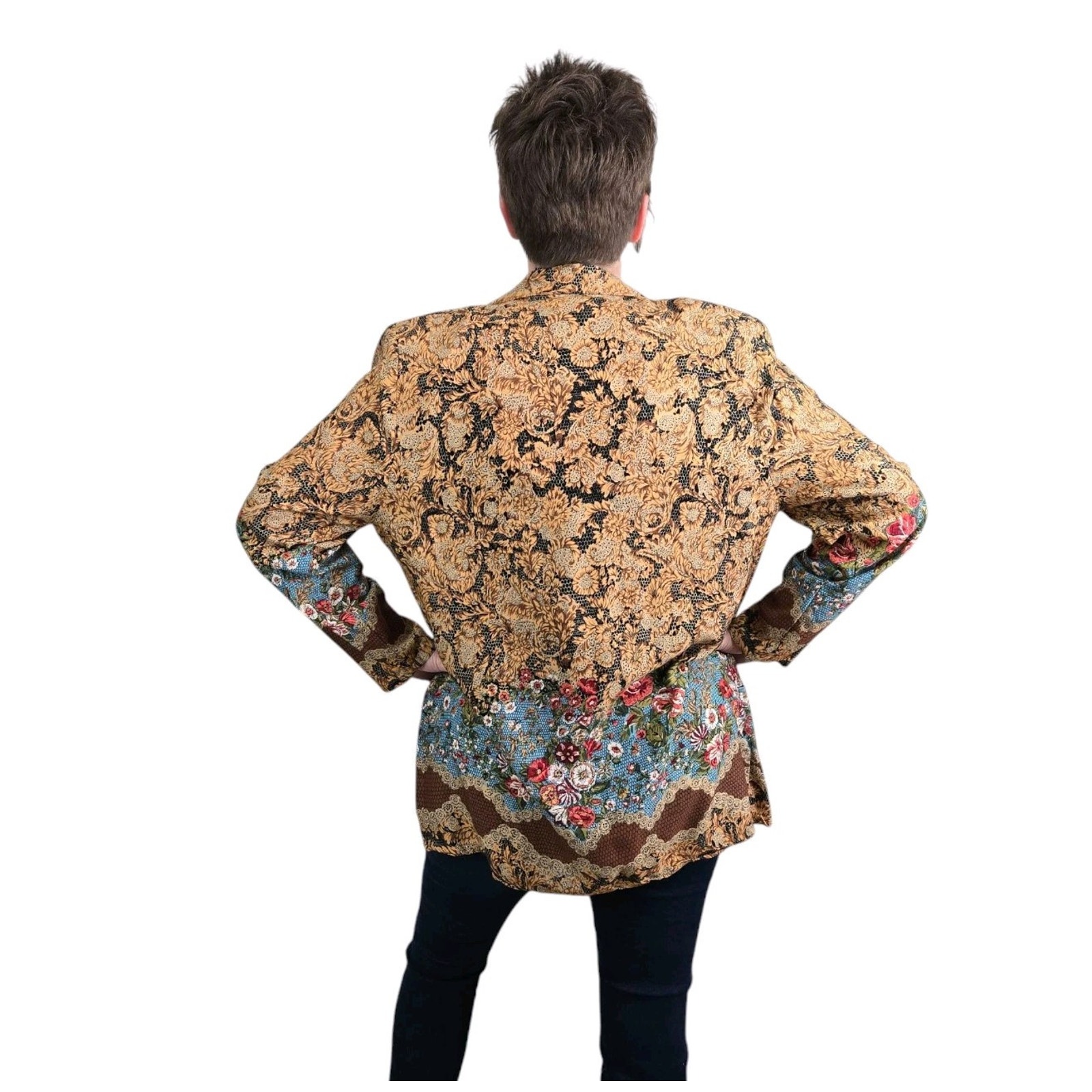Vintage Connections Blazer Jacket M Tan Floral Mixed Print Boho Cottagecore